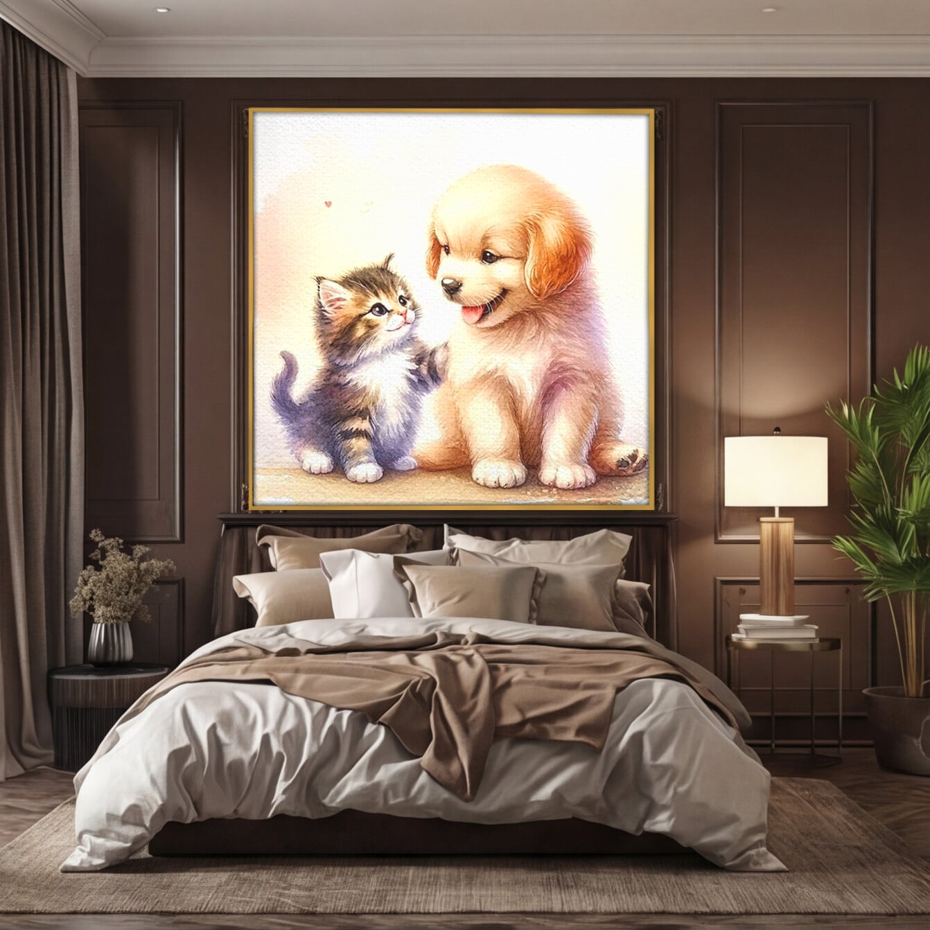 Tablou canvas cu ilustratie acuarela cu catel si pisicuta, in rama de aluminiu auriu, pe perete intr-un dormitor